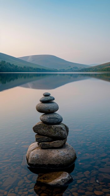 Des pierres zen empilées au bord d'un lac tranquille au coucher du soleil.