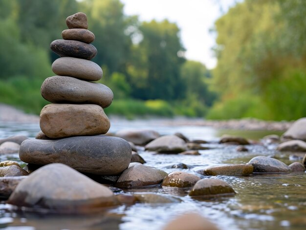 Des pierres zen empilées au bord d'une rivière tranquille