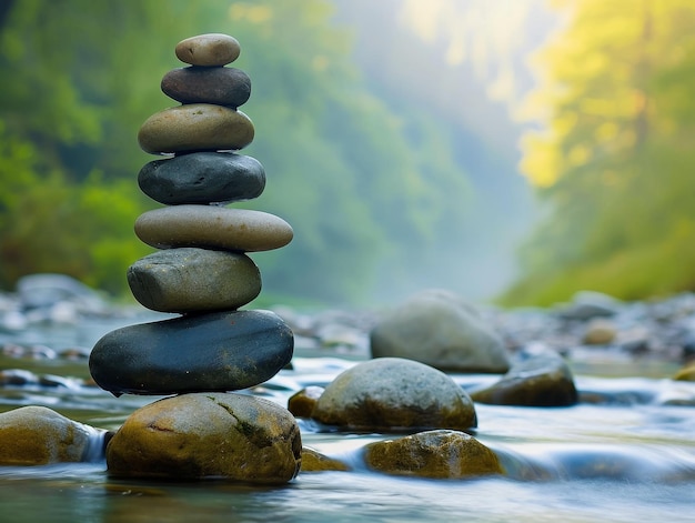 Des pierres zen empilées dans une rivière tranquille.