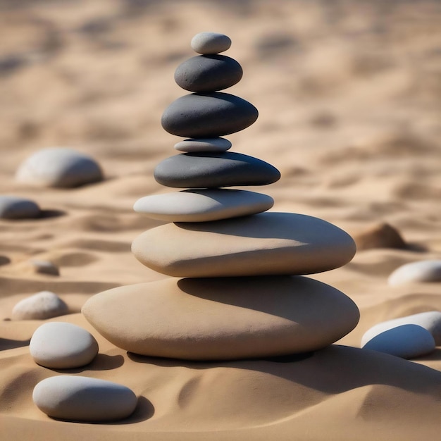 Des pierres zen empilées, un fond de sable, un concept d'art de l'équilibre.