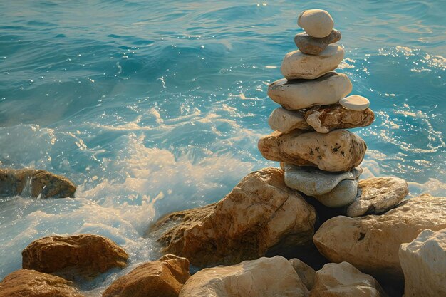 Photo des pierres zen empilées sur le rivage avec des vagues