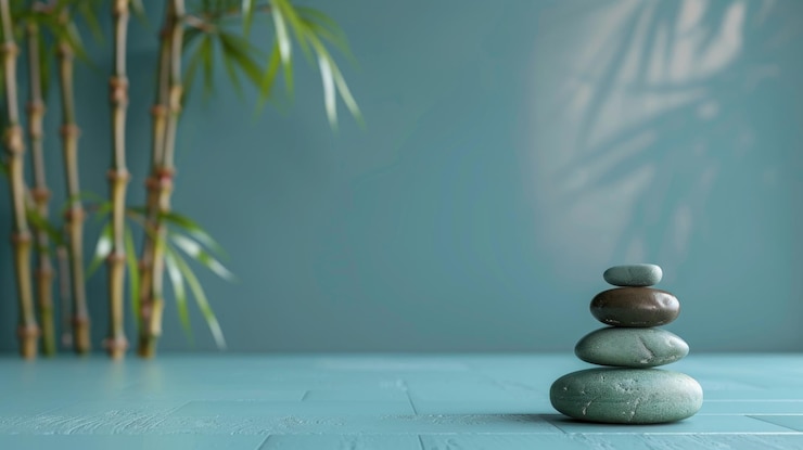 Photo des pierres zen empilées sur une table en bois de teal