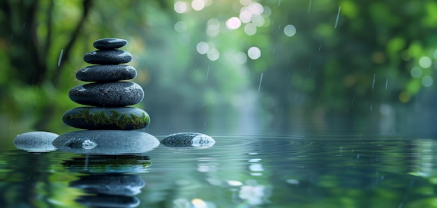 Des pierres zen équilibrées dans l'eau sereine