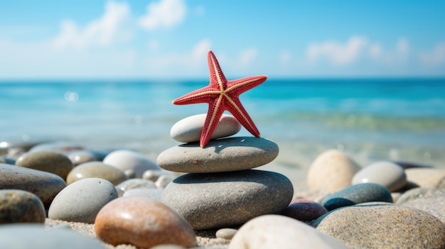 Des pierres zen et des étoiles de mer rouges sur la plage avec un ciel bleu en arrière-plan