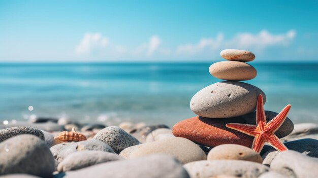 Des pierres zen et des étoiles de mer rouges sur la plage avec un ciel bleu en arrière-plan