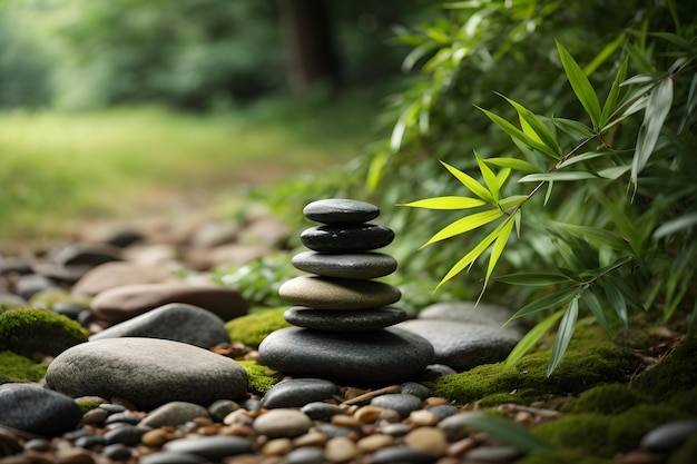 Des pierres zen avec des feuilles de bambou sur un fond naturel