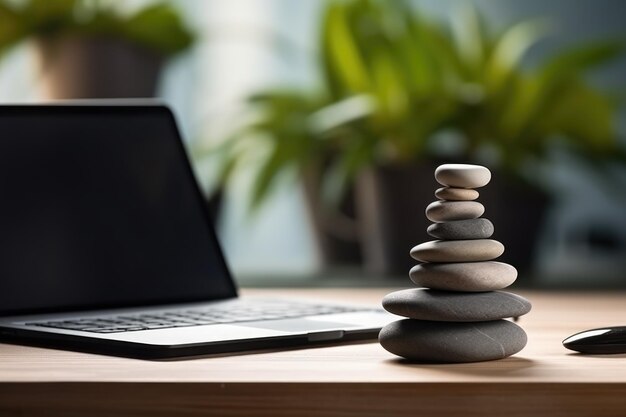 Photo des pierres zen avec un ordinateur portable sur le bureau