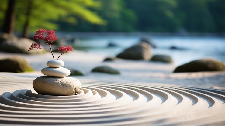 Photo des pierres zen avec une rivière floue