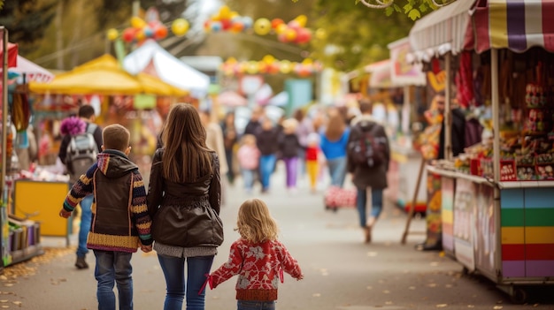 Des piétons en jeans profitent d'un carnaval urbain animé.