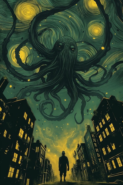 La pieuvre de Cthulhu descend des étoiles à New York.