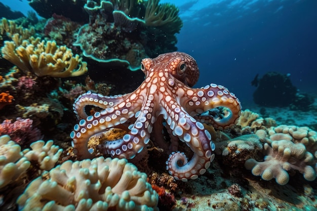 Une pieuvre étend ses tentacules sur un récif océanique.