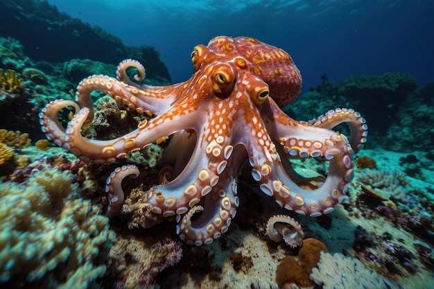 Une pieuvre étend ses tentacules sur un récif océanique.