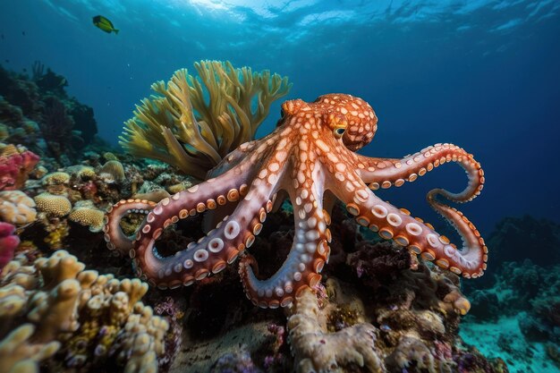 Photo une pieuvre étend ses tentacules sur un récif océanique.