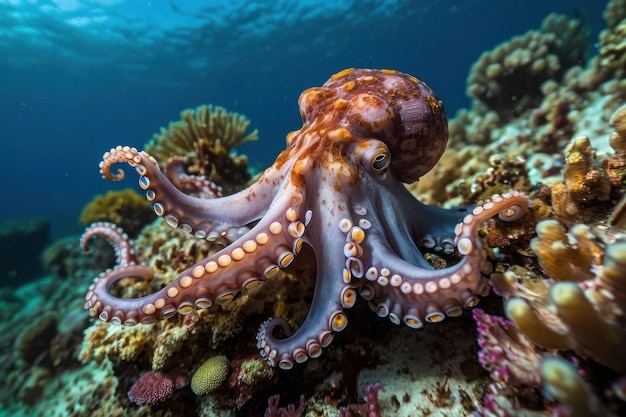 Une pieuvre étend ses tentacules sur un récif océanique.