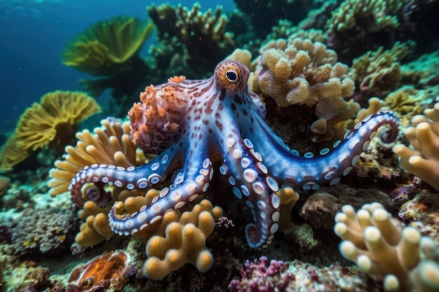 Photo une pieuvre étend ses tentacules sur un récif océanique.