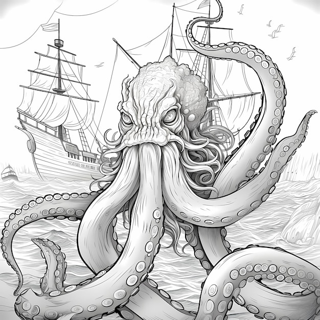 Photo une pieuvre géante de dessin animé attaquant un voilier page de coloriage lignes épaisses