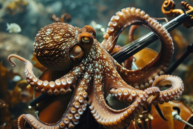 Photo une pieuvre jouant de divers instruments de musique sous l'eau