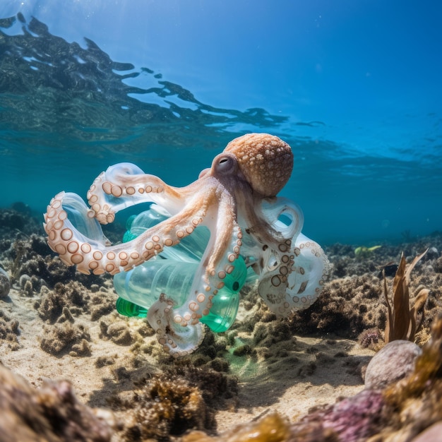 Photo une pieuvre sous-marine embourbée dans du plastique bouteille en plastique pollution de l'environnement