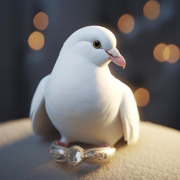 Pigeon blanc avec alliance dans un style Pixar à lumière douce