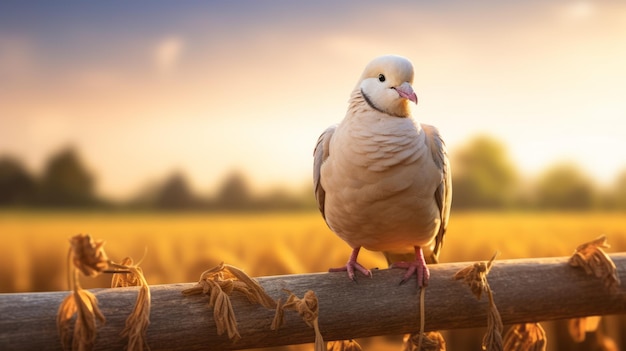 Le pigeon blanc brillant sur la clôture La photographie du coucher de soleil dans le champ de maïs luxuriant