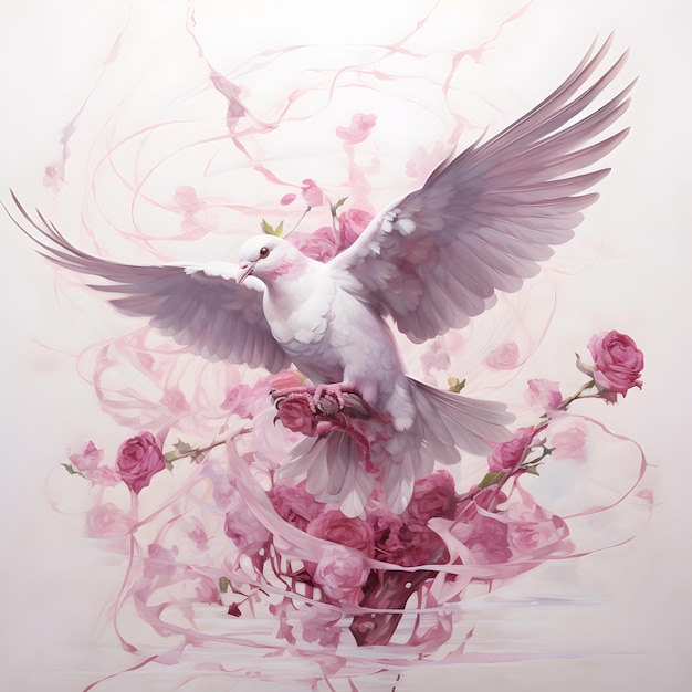 Un pigeon blanc avec une fleur rose.