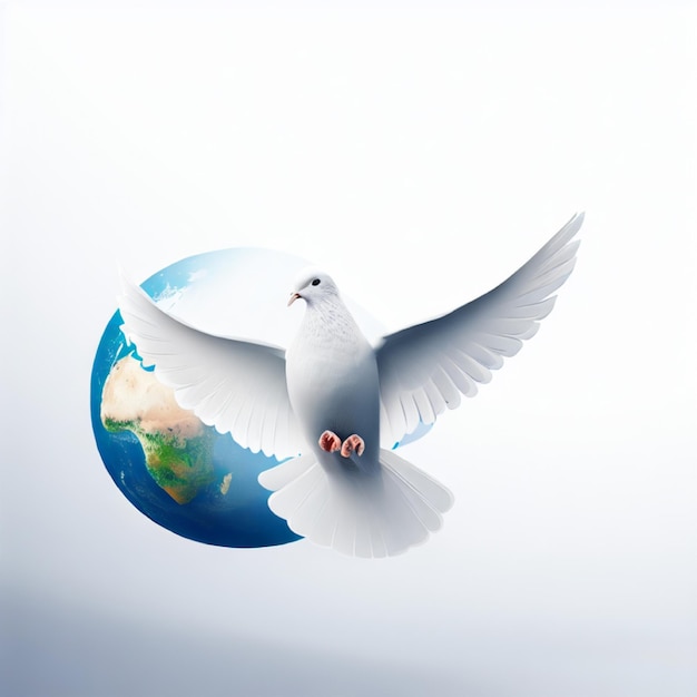 Un pigeon blanc volant avec l'icône de la terre, symbole de la journée mondiale de la paix