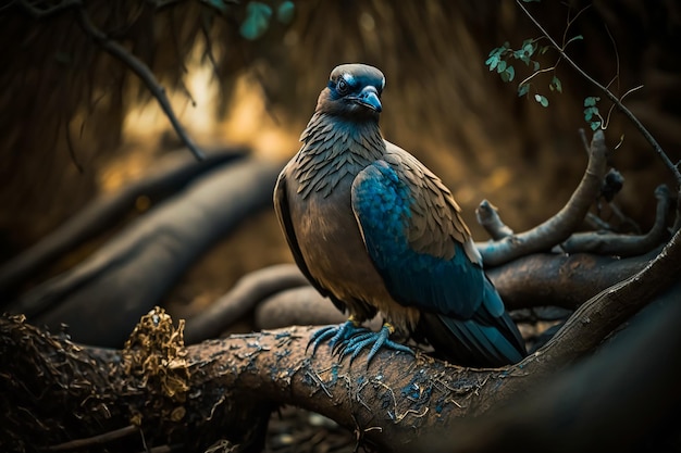 Pigeon chameau Caloenas nicobarica perché sur une branche