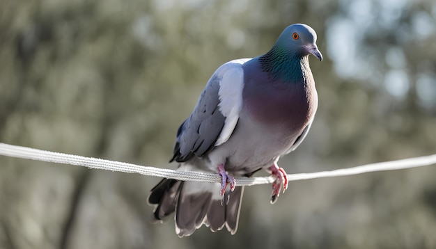 un pigeon est assis sur un fil avec un fond flou d'arbres