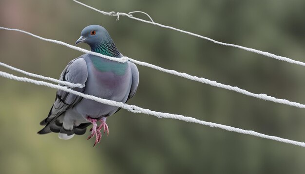 un pigeon est assis sur un fil avec un fond flou