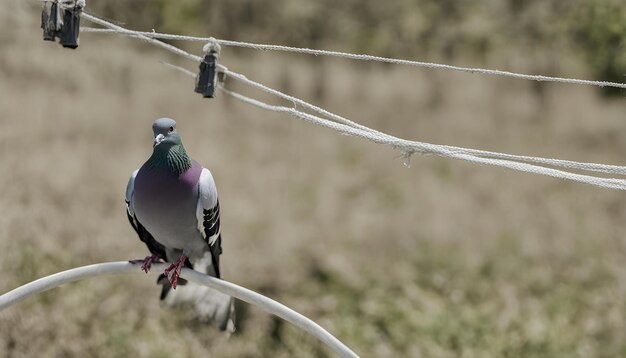 un pigeon est assis sur un fil avec un fond flou