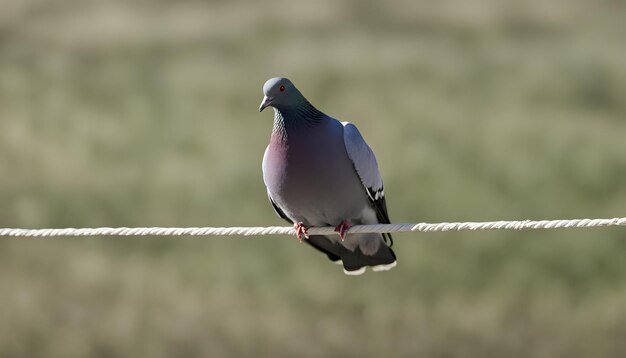 un pigeon est assis sur un fil avec un fond flou