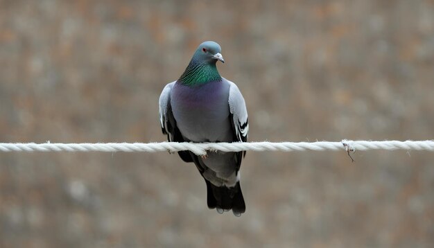 un pigeon est assis sur un fil avec un fond flou