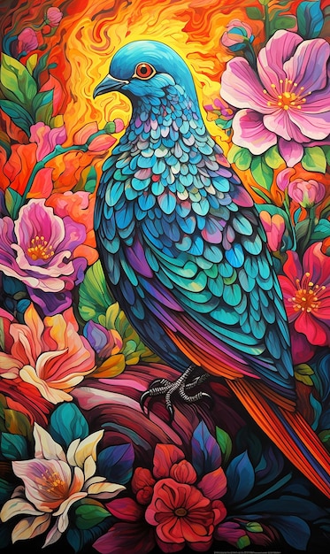 Photo un pigeon floral coloré sur une affiche abstraite d'art naïf