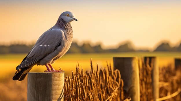 pigeon perché sur la clôture au coucher du soleil dans le parc, photo de stock de style traditionnel néerlandais de scarlett hooft graafland. l'image uhd capture les teintes argentées et jaunes claires. photo géographique nationale avec representa