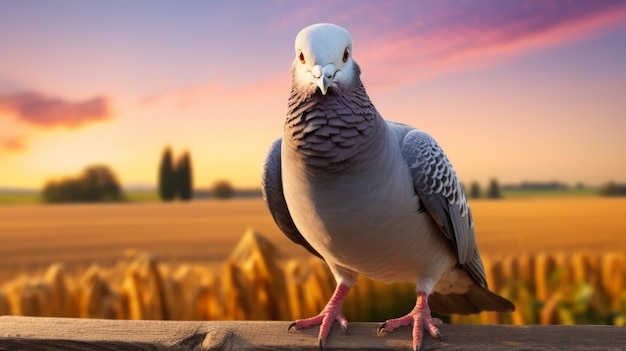 un pigeon perché sur une clôture extérieure, sur fond de cieux vibrants et riches en couleurs dans des nuances de violet clair et de gris clair. cette photographie 32k uhd capture l'esthétique néo-concrète, vitrine