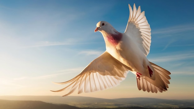 Photo un pigeon à plumes blanches volant au-dessus du ciel