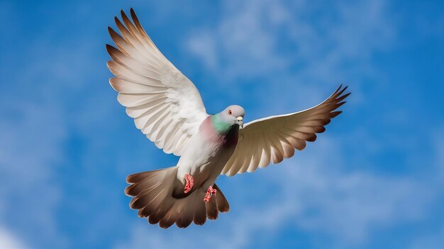 Photo un pigeon à plumes blanches volant au-dessus du ciel