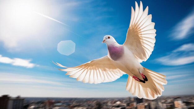 Un pigeon à plumes blanches volant au-dessus du ciel