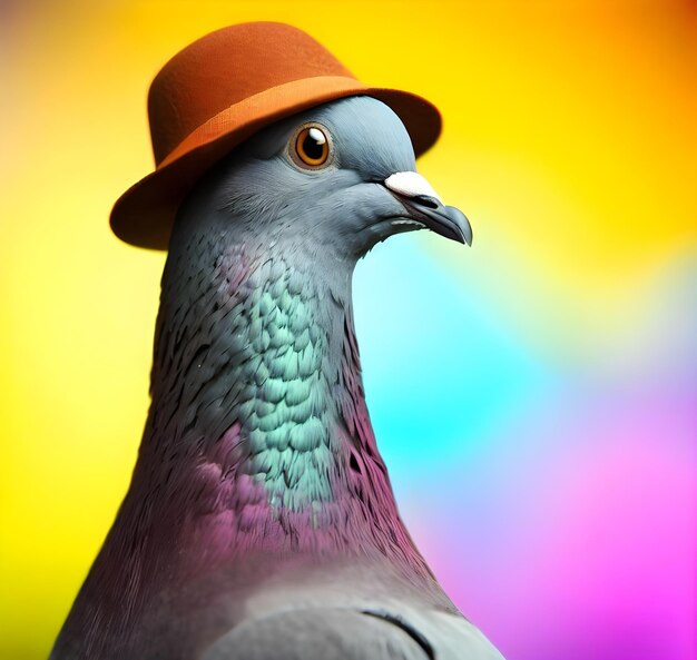 Pigeon de queue avec chapeau sur fond coloré