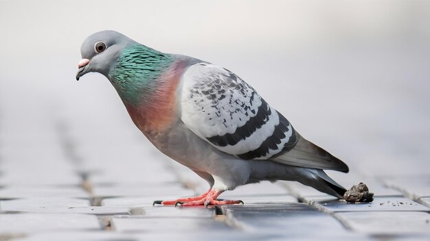 Photo un pigeon qui fait caca devant un fond blanc.