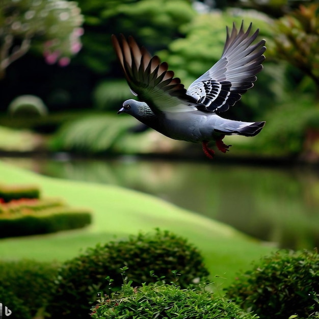Pigeon volant dans un jardin avec lac