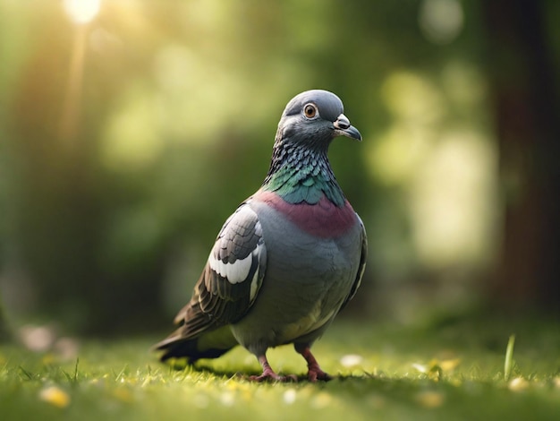 Photo des pigeons sur l'herbe verte à l'extérieur