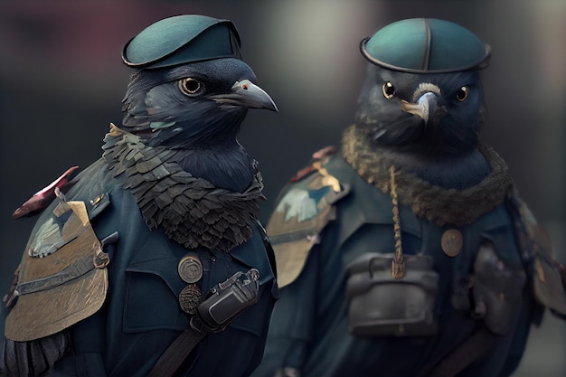 Des pigeons noirs vêtus de vêtements militaires Illustration de haute qualité