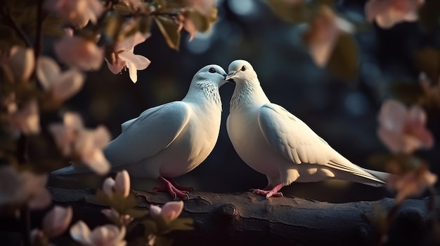 des pigeons romantiques attrayants assis ensemble sur une branche