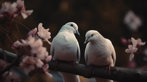 Des pigeons romantiques séduisants s'assoient ensemble sur une branche.