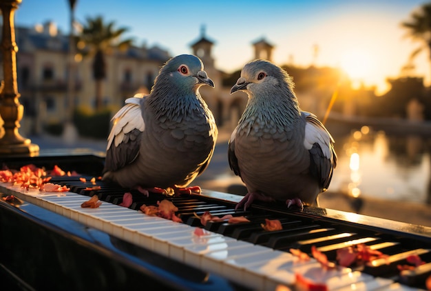 Des pigeons sont assis sur une planche de piano en bois.