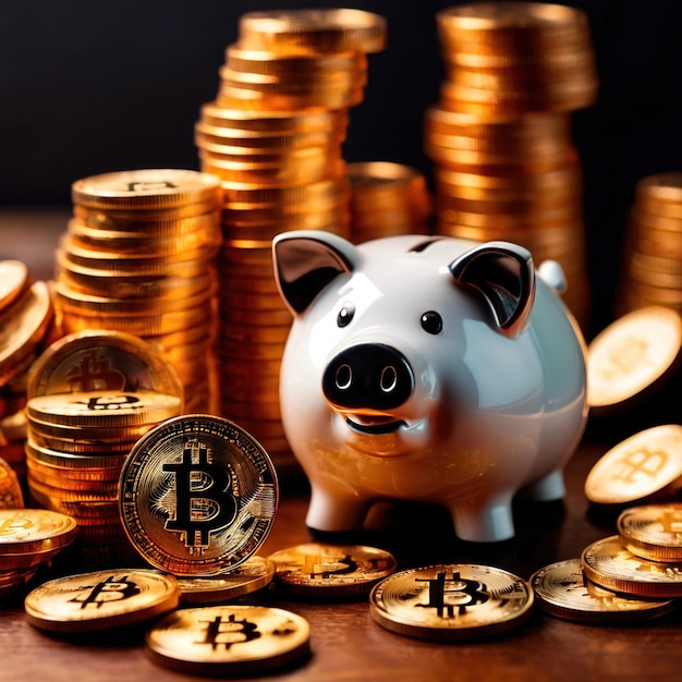 Piggy bank à côté de la crypto-monnaie numérique bitcoin montrant l'épargne et la richesse par le biais de la crypto