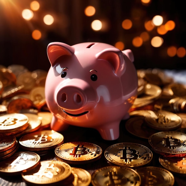 Piggy bank à côté de la crypto-monnaie numérique bitcoin montrant l'épargne et la richesse par le biais de la crypto