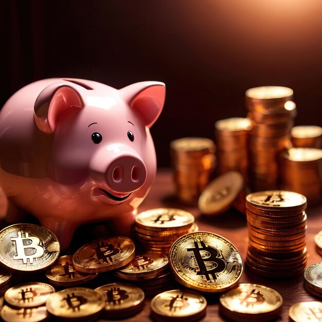 Piggy bank à côté de la crypto-monnaie numérique bitcoin montrant l'épargne et la richesse par le biais de la crypto