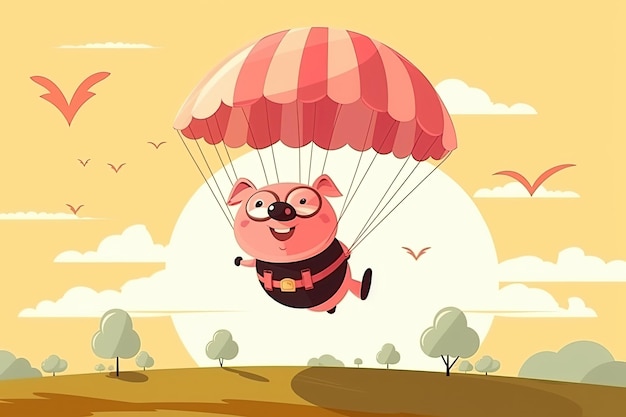 Piggy vole en parachute à travers le ciel Personnage de dessin animé dessiné à la main Illustration générative d'IA